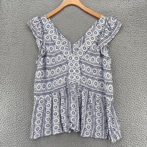 LOFT Top Womens Small Blue White Pattern V Neck Flutter Sleeve Pleat Blouse NWT
